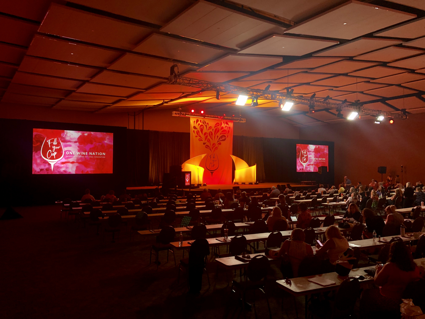 Conference hall with red and orange lighting